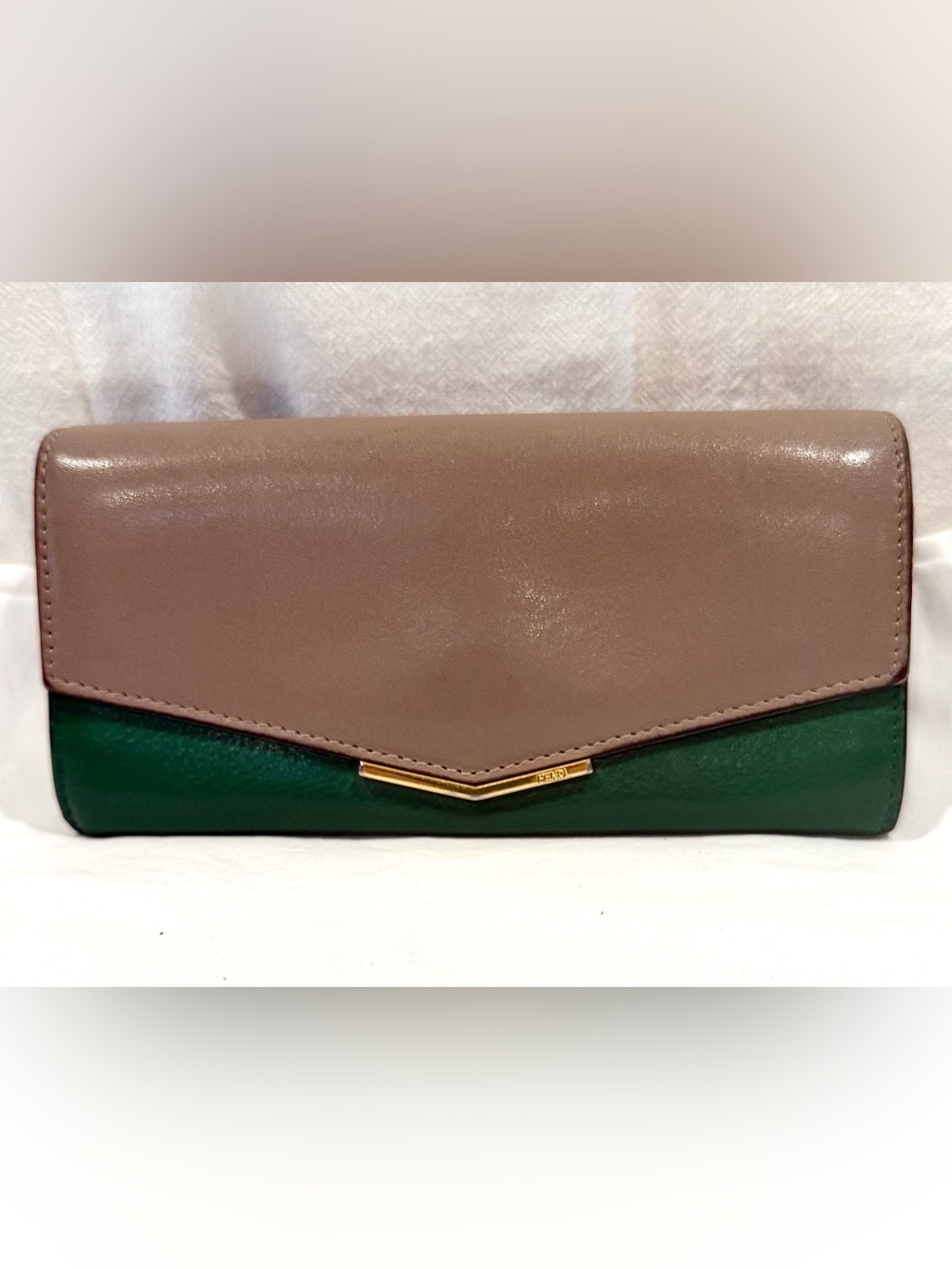 Fendi 2Jours Continental Leather Wallet Envelope Style In Taupe/Green